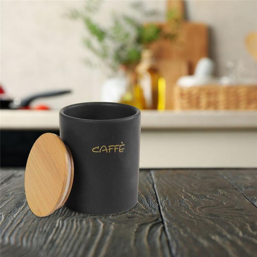 BARATTOLO PER CAFFÈ TONDO 10X13 CM CON TAPPO ERMETICO IN LEGNO COLORE NERO