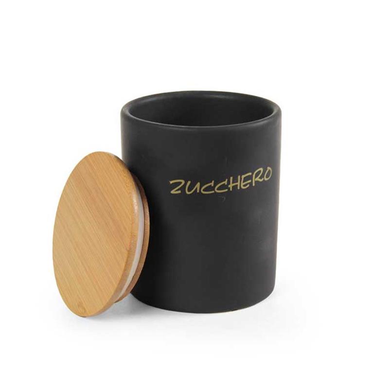 BARATTOLO PER ZUCCHERO TONDO 10X13 CM CON TAPPO ERMETICO IN LEGNO COLORE NERO