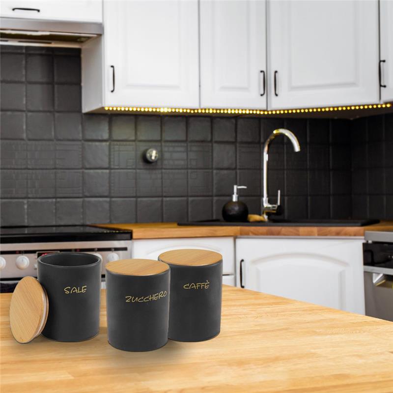 BARATTOLO PER ZUCCHERO TONDO 10X13 CM CON TAPPO ERMETICO IN LEGNO COLORE NERO