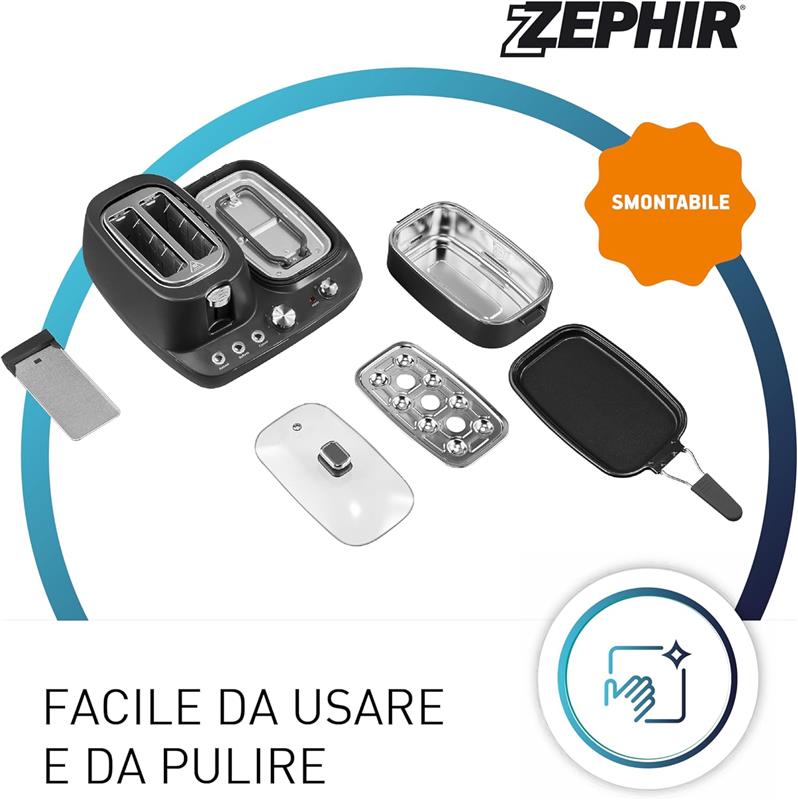 ZEPHIR BREAKFAST SET 5 IN 1 TOSTAPANE, CASSERUOLA SUPPORTO PER UOVA, PIASTRA E COTTURA A VAPORE 1600 WATT