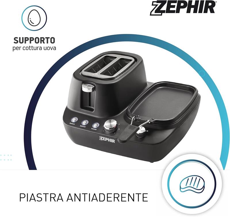 ZEPHIR BREAKFAST SET 5 IN 1 TOSTAPANE, CASSERUOLA SUPPORTO PER UOVA, PIASTRA E COTTURA A VAPORE 1600 WATT