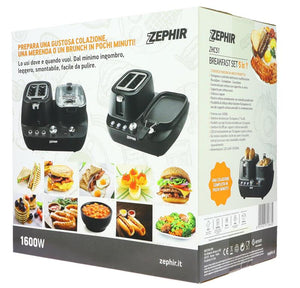 ZEPHIR BREAKFAST SET 5 IN 1 TOSTAPANE, CASSERUOLA SUPPORTO PER UOVA, PIASTRA E COTTURA A VAPORE 1600 WATT
