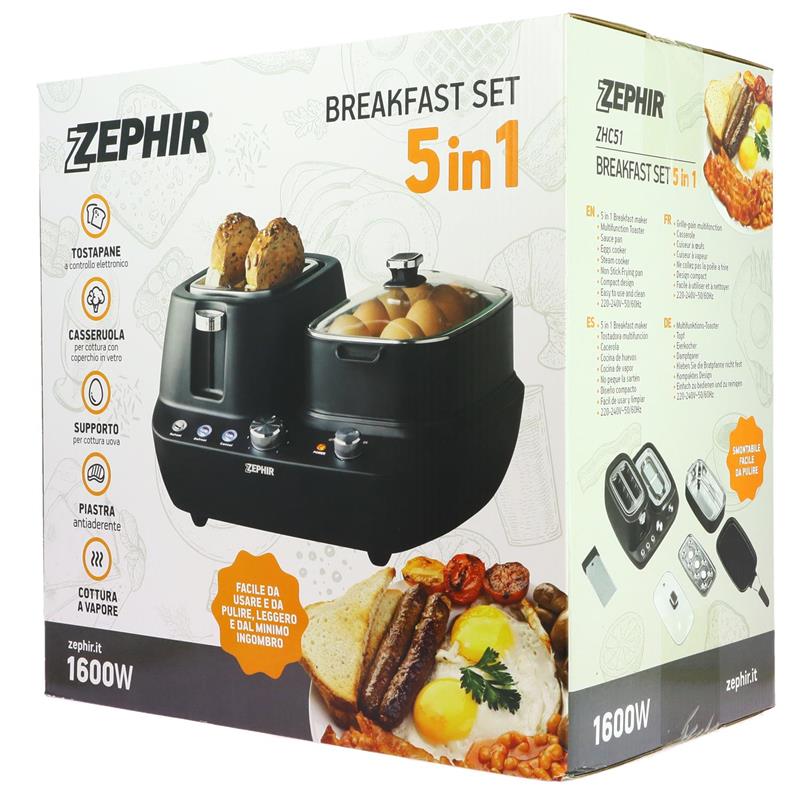 ZEPHIR BREAKFAST SET 5 IN 1 TOSTAPANE, CASSERUOLA SUPPORTO PER UOVA, PIASTRA E COTTURA A VAPORE 1600 WATT