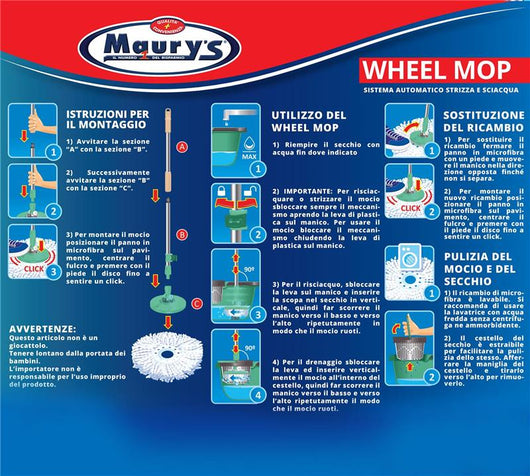 WHEEL MOP MOCIO ROTANTE CON SECCHIO STRIZZATORE 360° E MANICO COLORE ASSORTITO