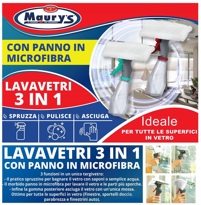 MAURY'S LAVAVETRI 3IN1 SPRUZZA PULISCE ASCIUGA CON SERBATOIO E PANNO MICROFIBRA