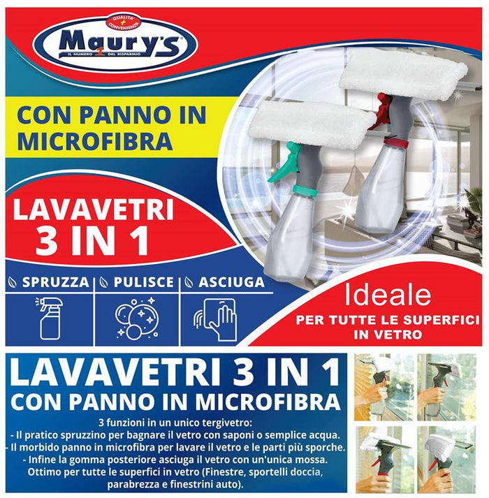 MAURY'S LAVAVETRI 3IN1 SPRUZZA PULISCE ASCIUGA CON SERBATOIO E PANNO MICROFIBRA