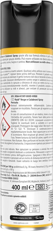 RAID INSETTICIDA SPRAY ELIMINA VESPE E CALABRONI PER USO INTERNO AZIONE RAPIDA PER SPRUZZO DIRETTO 400 ML