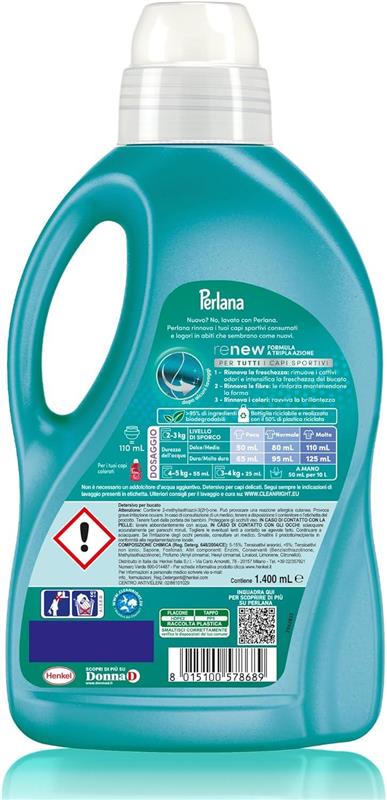 PERLANA DETERSIVO SPORT LAVATRICE LIQUIDO PER TUTTI I CAPI SPORTIVI RIMUOVE I CATTIVI ODORI 28 LAVAGGI