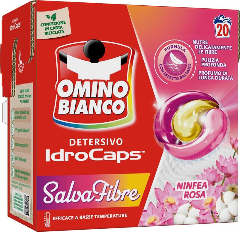 OMINO BIANCO DETERSIVO LAVATRICE IN CAPS SALVA FIBRE  EFFICACE A BASSE TEMPERATURE NINFEA ROSA 20 CAPS