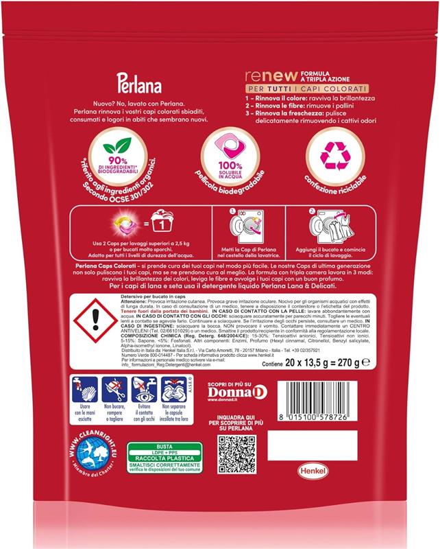 PERLANA DETERSIVO CAPS PER COLORATI (20 CAPS) PER TUTTI I CAPI COLORATI FIBRE RINNOVATE