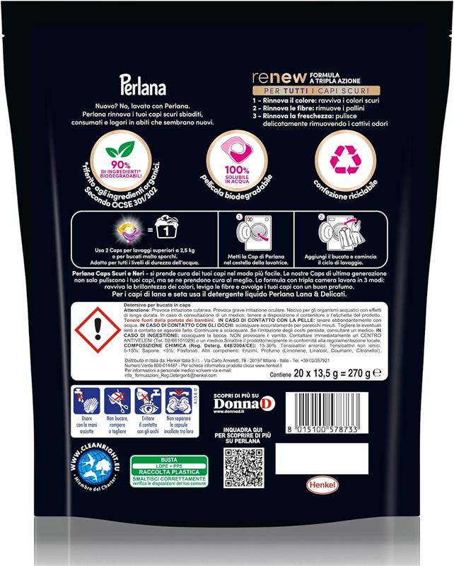 PERLANA DETERSIVO CAPS PER SCURI E NERI (20 CAPS) PER TUTTI I CAPI SCURI CAPI NERI PER PULIZIA DELICATA E FIBRE RINNOVATE