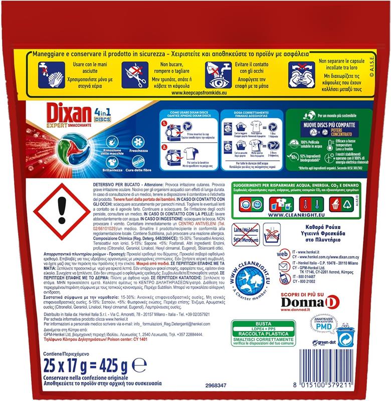 DIXAN DISCS 4IN1 EXPERT SMACCHIANTE DETERSIVO LAVATRICE 25 CAPSULE PULIZIA PROFONDA RIMUOVE LE MACCHIE DA 20°C