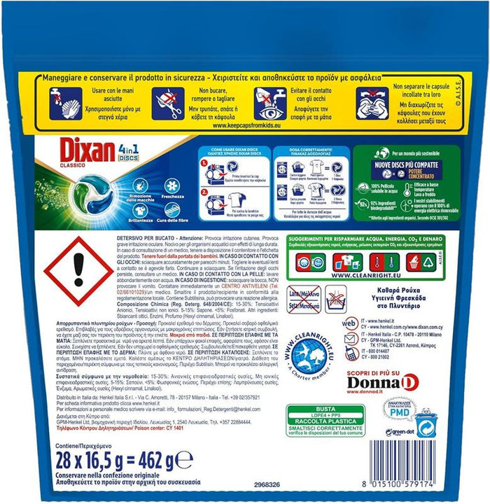 DIXAN DISCS 4 IN1 CLASSICO DETERSIVO LAVATRICE 28 LAVAGGI CAPSULE FRESCHEZZA IGIENICA PER LAVATRICE RIMUOVE LE MACCHIE DA 20°C