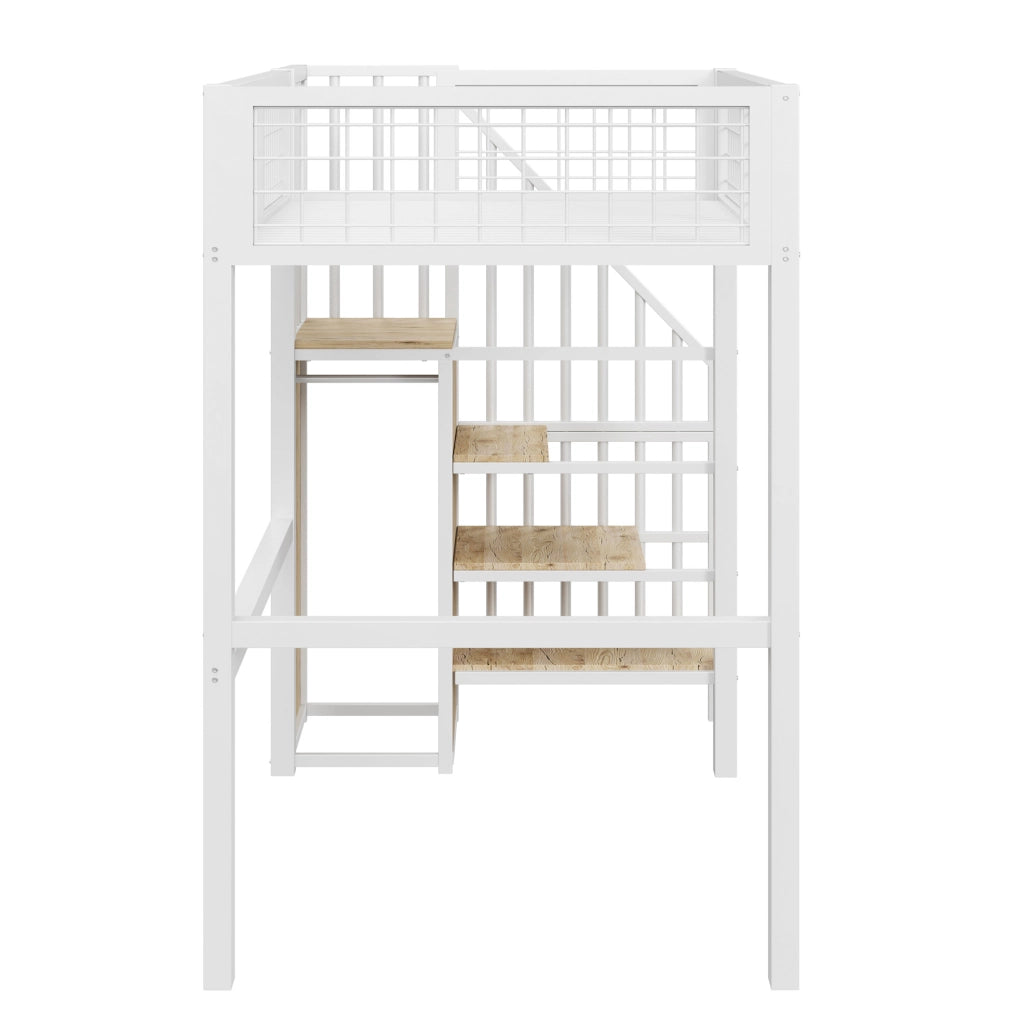 Letto a soppalco 90x200 cm in metallo bianco con scala di sicurezza e armadio integrato