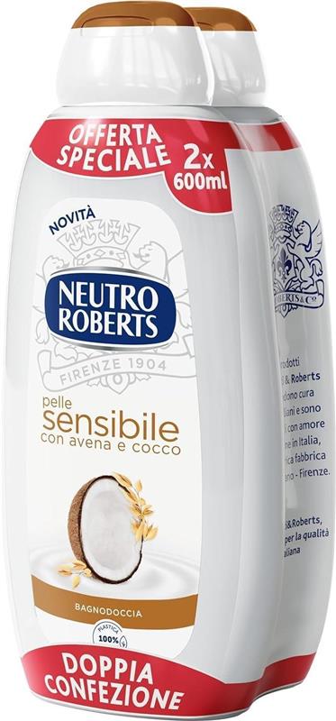 NEUTRO ROBERTS BAGNOSCHIUMA CORPO SENSIBILE CON AVENA E COCCO PELLI SENSIBILI SENZA SAPONE 2 FLACONI DA 600 ML N