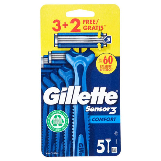 GILLETTE SENSOR 3 COMFORT RASOIO DA UOMO USA E GETTA, 3 RASOI + 2 GRATIS