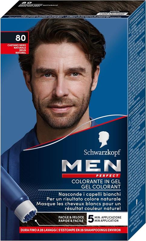 SCHWARZKOPF MEN PERFECT TINTA PER CAPELLI GEL PER UOMO EFFETTO NATURALE DURA 28 SHAMPOO N 80 CASTANO NERO NATURALE
