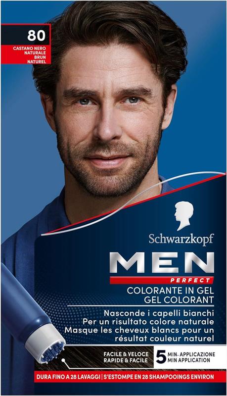 SCHWARZKOPF MEN PERFECT TINTA PER CAPELLI GEL PER UOMO EFFETTO NATURALE DURA 28 SHAMPOO N 80 CASTANO NERO NATURALE