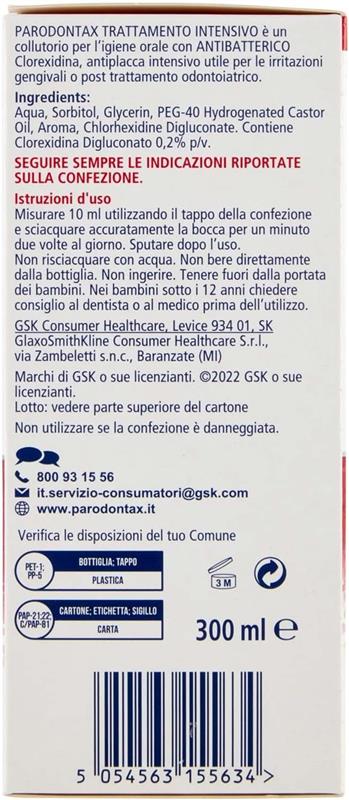 PARODONTAX COLLUTORIO CLOREXIDINA AZIONE ANTIBATTERICA E ANTIPLACCA PER IGIENE DENTALE USO QUOTIDIANO 300 ML