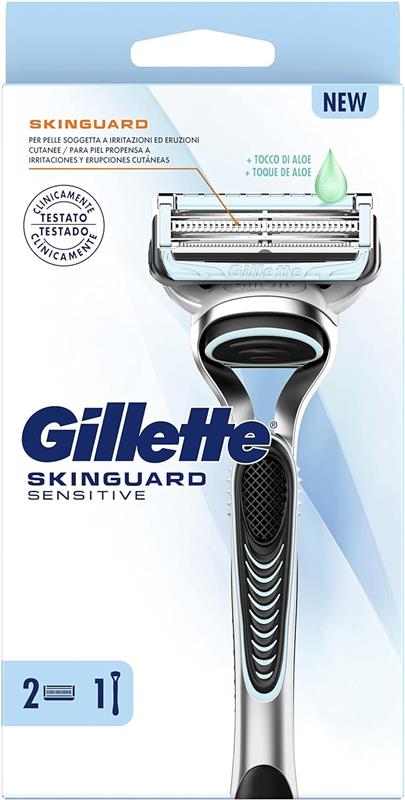 GILLETTE SKINGUARD SENSITIVE RASOIO BARBA PER UOMINI CON IRRITAZIONI DELLA PELLE 1 MANICO + 2 LAMETTE DI RICAMBIO