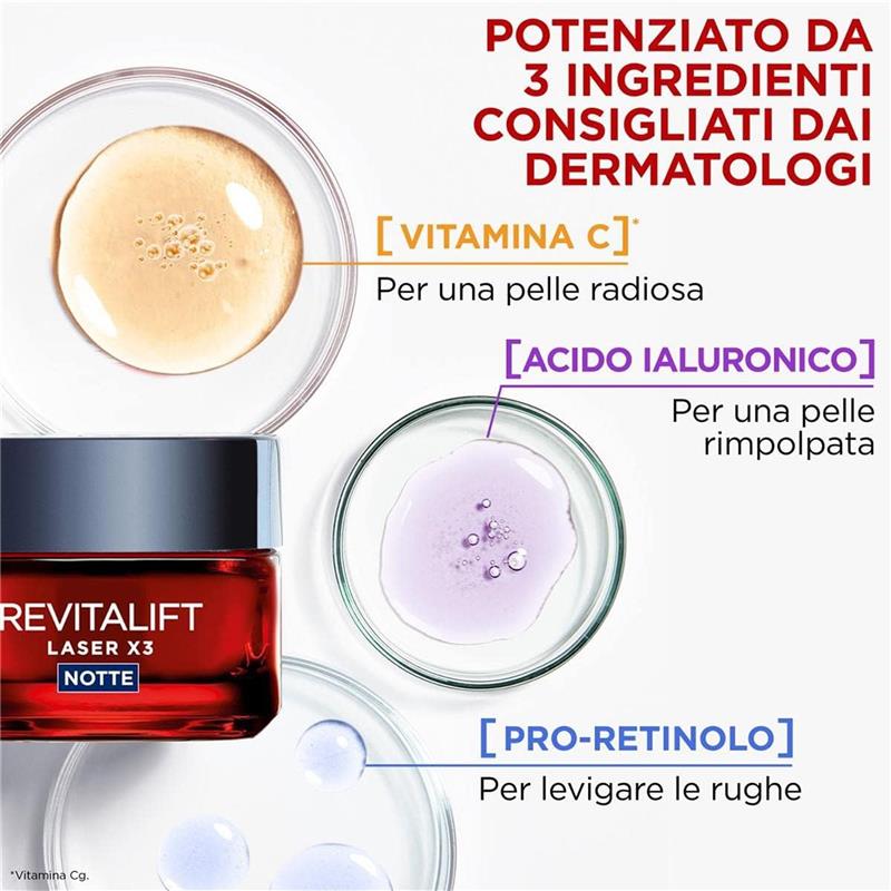 L'ORÉAL PARIS MASCHERA ANTI-ETÀ NOTTE DERMO EXPERTISE SOIN REVITALIFT LASER X3 CREMA-CON ACIDO IALURONICO, 50 ML