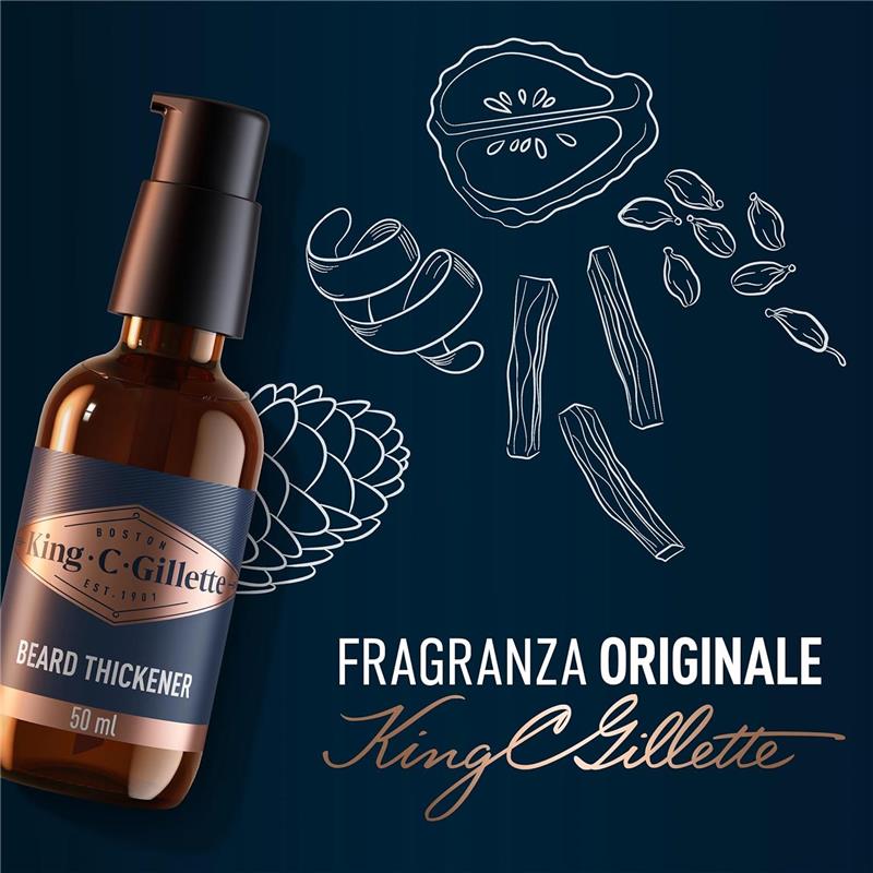 GILLETTE KING C. BARBA SIERO VOLUMIZZANTE CURA BARBA UOMO CON COMPLESSO DI VITAMINA B E CAFFEINA CONFEZIONE DA 50 ML