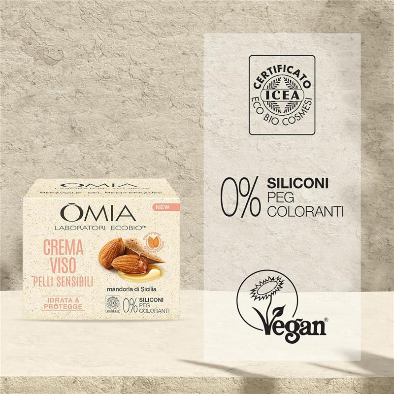 OMIA CREMA VISO IDRATANTE ALLA MANDORLA DI SICILIA IDRATA E PROTEGGE LA PELLE FORMULA LENITIVA NO SILICONI E COLORANTI 50 ML