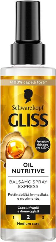 SCHWARZKOPF GLISS OIL NUTRITIVE BALSAMO SPRAY 200 ML CON OMEGA 9 E OLIO DI MARULA SENZA RISCIACQUO E TERMOPROTETTORE