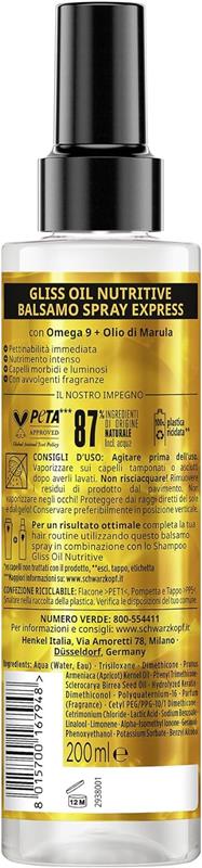 SCHWARZKOPF GLISS OIL NUTRITIVE BALSAMO SPRAY 200 ML CON OMEGA 9 E OLIO DI MARULA SENZA RISCIACQUO E TERMOPROTETTORE