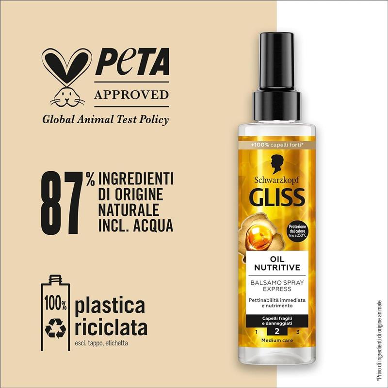 SCHWARZKOPF GLISS OIL NUTRITIVE BALSAMO SPRAY 200 ML CON OMEGA 9 E OLIO DI MARULA SENZA RISCIACQUO E TERMOPROTETTORE