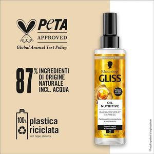 SCHWARZKOPF GLISS OIL NUTRITIVE BALSAMO SPRAY 200 ML CON OMEGA 9 E OLIO DI MARULA SENZA RISCIACQUO E TERMOPROTETTORE