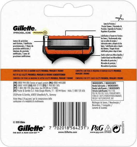 GILLETTE FUSION 5 PROGLIDE POWER LAMETTE DA BARBA PER RASOIO DI SICUREZZA 4 RICAMBI+5 LAME RIFINISCE LE AREE PIÙ DIFFICILI