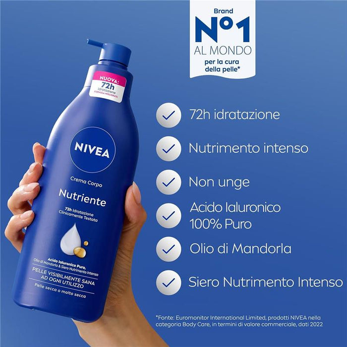 NIVEA CREMA CORPO NUTRIENTE 500 ML 72H CON ACIDO IALURONICO OLIO DI MANDORLA E SIERO NUTRENTE PELLE SECCA O MOLTO SECCA
