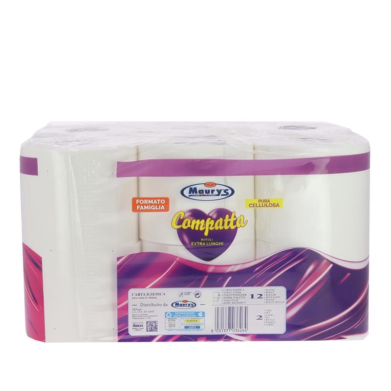 MAURY'S CARTA IGIENICA 12 ROTOLI 2 VELI COMPATTA ALTA QUALITÀ FORMATO FAMIGLIA
