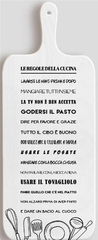 TAGLIERE DA CUCINA BIANCO IN MISURA 15X37 CM CON TEMA E SCRITTA LE REGOLE DELLA CUCINA