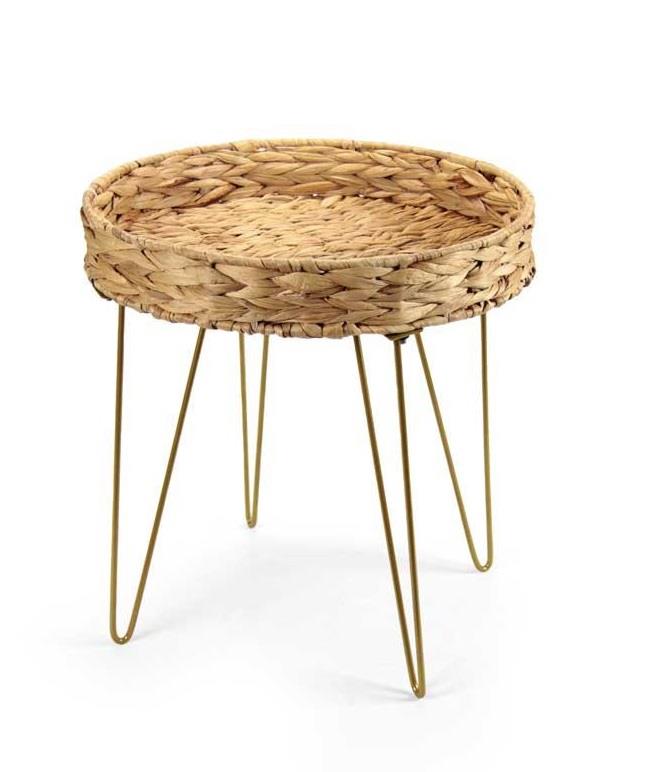 TAVOLINO TONDO IN PAGLIA GIACINTO D'ACQUA E METALLO CON GAMBE ORO IN METALLO EFFETTO VIMINI D.38X40H CM ARREDO