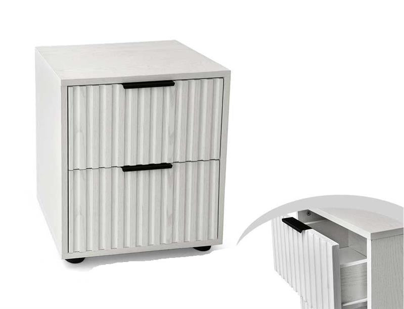 COMODINO IN LEGNO CON 2 CASSETTI STILE RIGATO E 2 MANIGLIE 40X30X45 CM COLORE BIANCO IN TRUCIOLARE E MELAMINICO