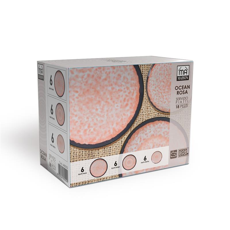 MA MAISON SERVIZIO PIATTI 18 PEZZI STILE ASTRATTO ROSA 6 FONDI - 6 PANI - 6 DA DESSERT PER LAVASTOVIGLIE E MICROONDE 6 PERSONE