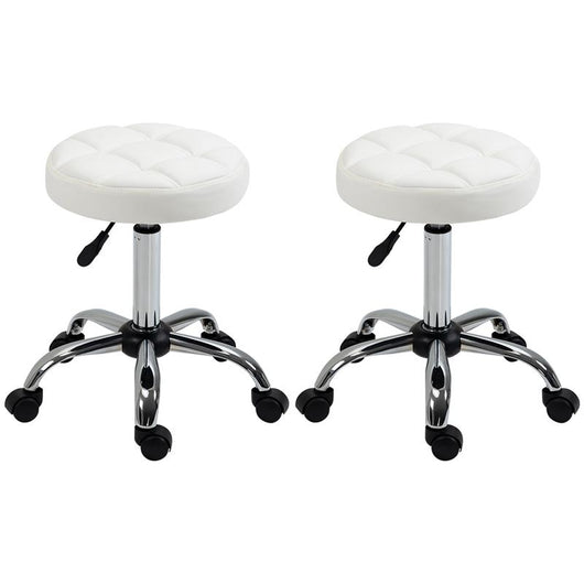 SGABELLO GIREVOLE ROTONDO CON RUOTE, ALTEZZA REGOLABILE E RIVESTIMENTO IN FINTA PELLE, BIANCO