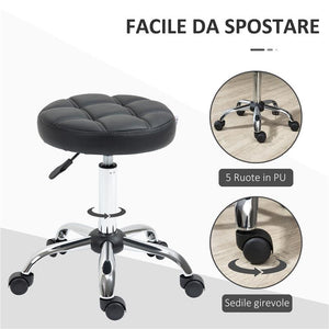 SGABELLO GIREVOLE ROTONDO CON RUOTE, ALTEZZA REGOLABILE E RIVESTIMENTO IN FINTA PELLE, NERO