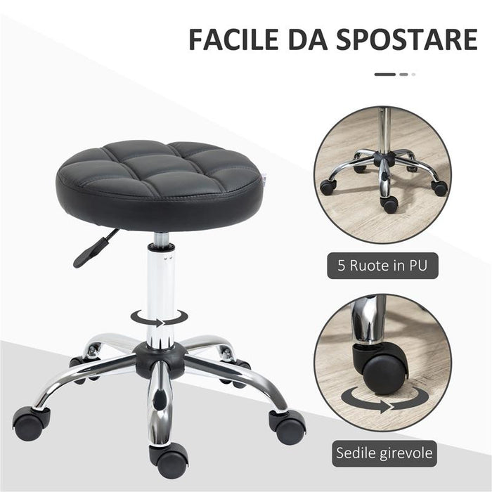SGABELLO GIREVOLE ROTONDO CON RUOTE, ALTEZZA REGOLABILE E RIVESTIMENTO IN FINTA PELLE, NERO