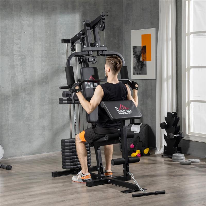 STAZIONE FITNESS CON SEDUTA E SCHIENALE IMBOTTITI, IN ACCIAIO E PU, 135X103X210 CM, NERO