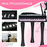 PIANOFORTE PER BAMBINI A 32 TASTI CON SGABELLO, MICROFONO, MUSICHE, LUCI E GAMBE RIMOVIBILI, NERO