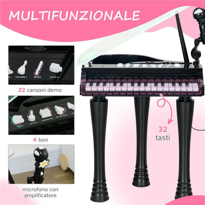 PIANOFORTE PER BAMBINI A 32 TASTI CON SGABELLO, MICROFONO, MUSICHE, LUCI E GAMBE RIMOVIBILI, NERO
