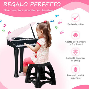 PIANOFORTE PER BAMBINI A 32 TASTI CON SGABELLO, MICROFONO, MUSICHE, LUCI E GAMBE RIMOVIBILI, NERO