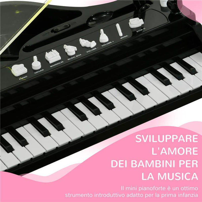 PIANOFORTE PER BAMBINI A 32 TASTI CON SGABELLO, MICROFONO, MUSICHE, LUCI E GAMBE RIMOVIBILI, NERO