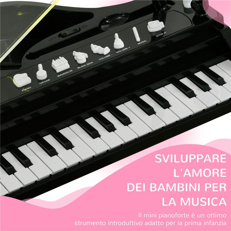 PIANOFORTE PER BAMBINI A 32 TASTI CON SGABELLO, MICROFONO, MUSICHE, LUCI E GAMBE RIMOVIBILI, NERO