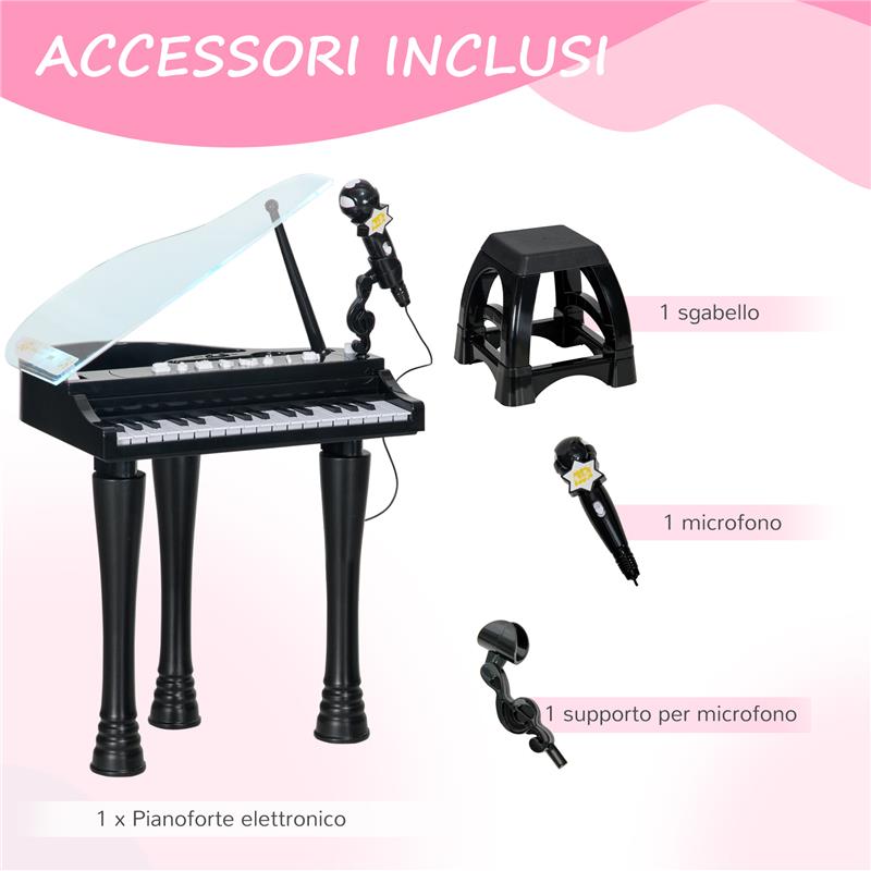PIANOFORTE PER BAMBINI A 32 TASTI CON SGABELLO, MICROFONO, MUSICHE, LUCI E GAMBE RIMOVIBILI, NERO
