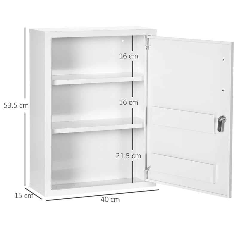 ARMADIETTO MEDICINALI A 3 RIPIANI CON SERRATURA E 2 CHIAVI, IN ACCIAIO, 40X15X53.5 CM, BIANCO
