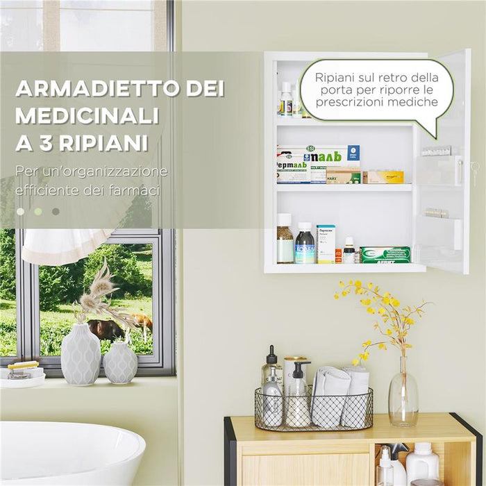 ARMADIETTO MEDICINALI A 3 RIPIANI CON SERRATURA E 2 CHIAVI, IN ACCIAIO, 40X15X53.5 CM, BIANCO
